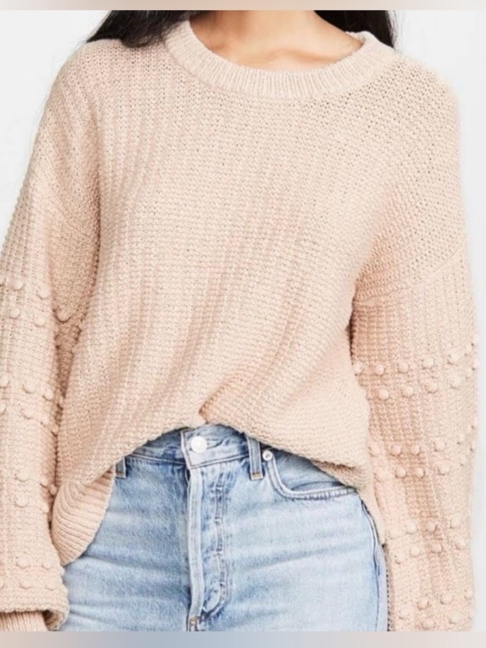 Madewell Balloon-Sleeve Pom Pom Sweater in Blush Pink